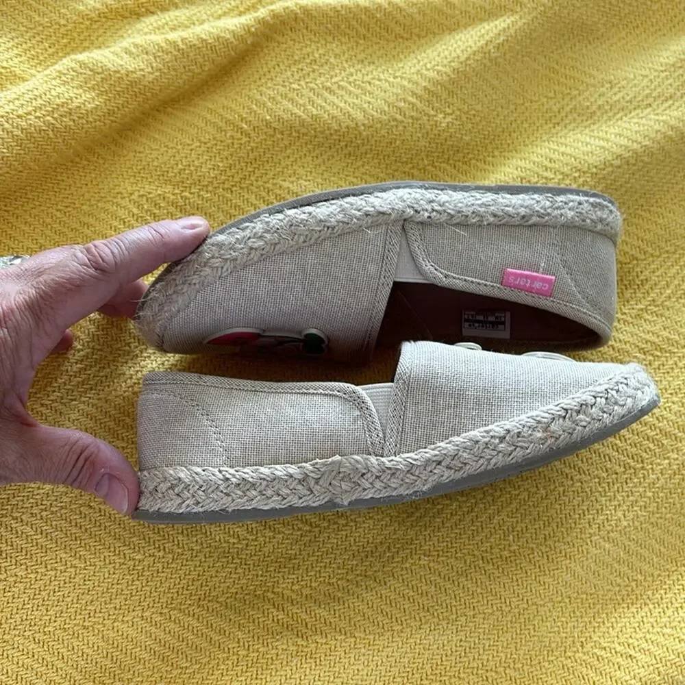 Carters tan linen strawberry toe detail slip on espadrille rubber sole nwot